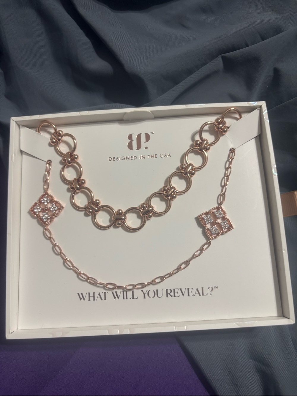 Rose Gold Layered Necklace Set with Pavé Square Charms